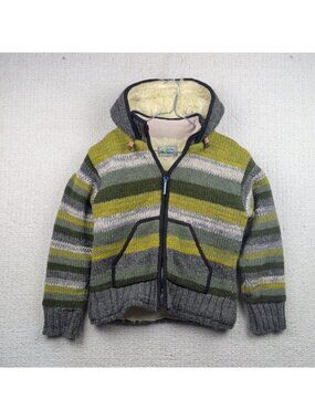 Laundromat Hood Sweater Hand knitted Wool Canada Sherpa Striped Sz S Fisherman